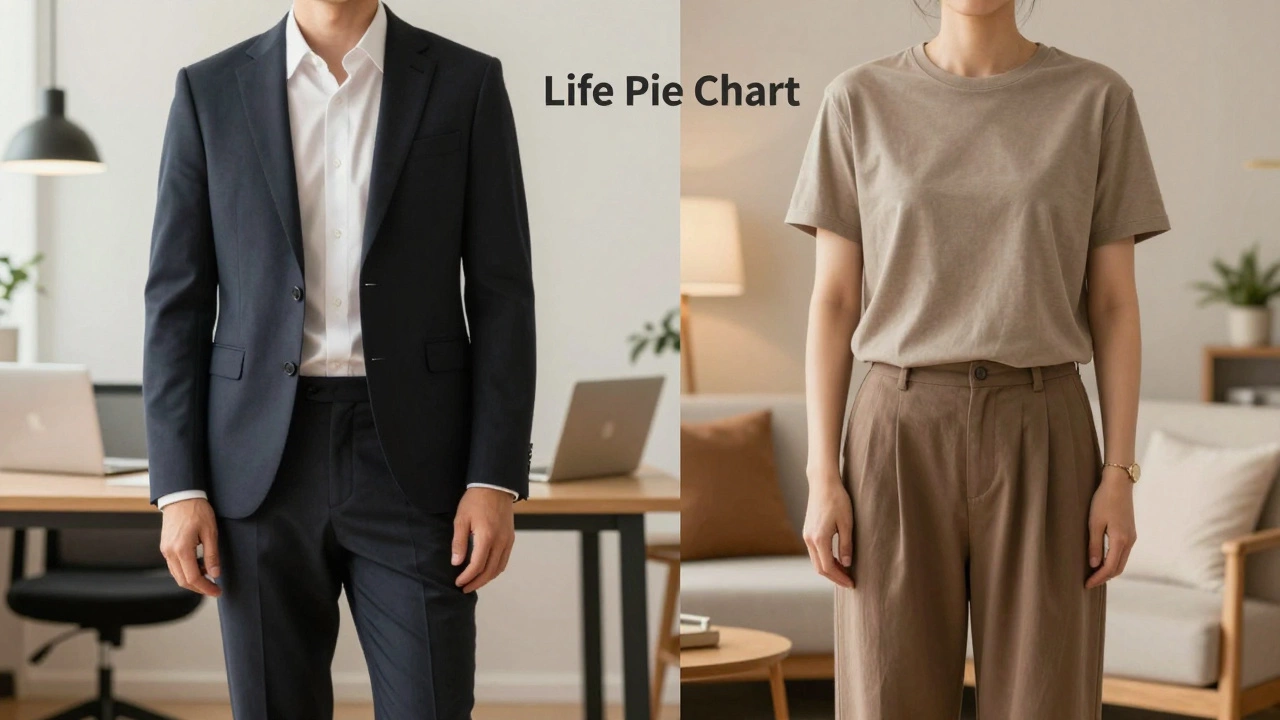 A split image showing a person in professional attire at work and relaxed clothing at home.