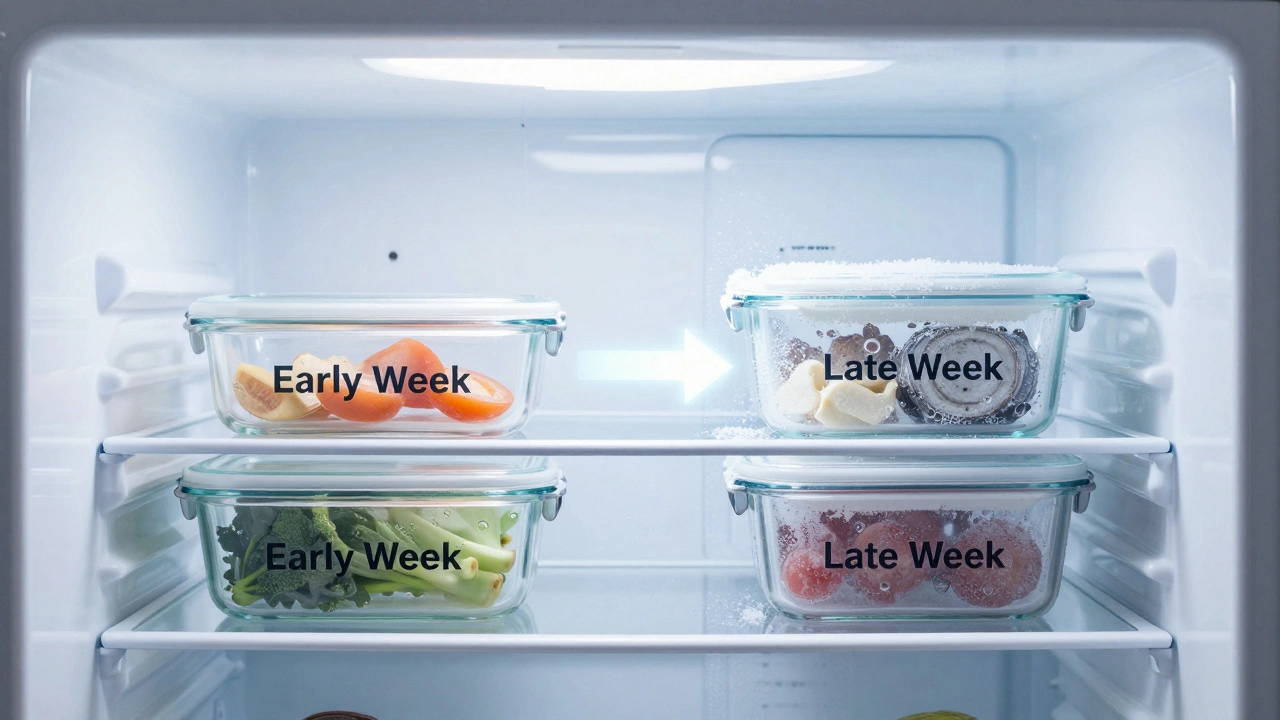 A split view showing meal containers stored in both a refrigerator and a freezer