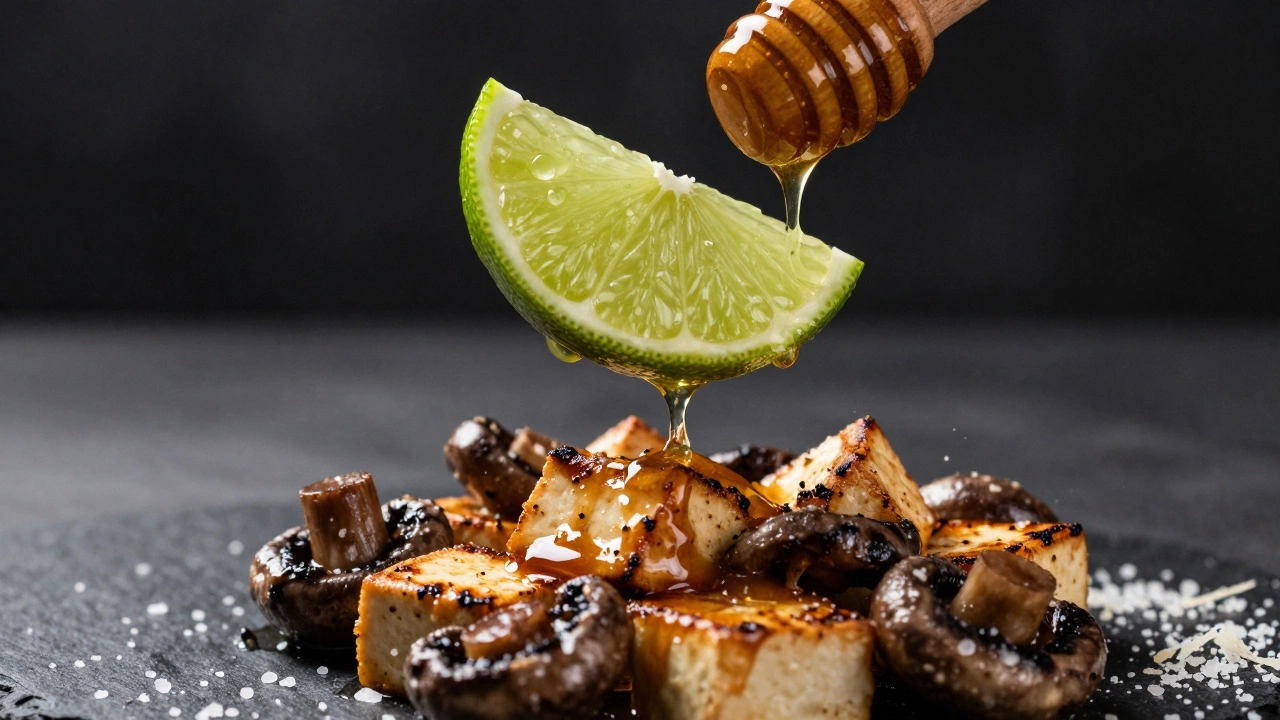 Close-up of lime juice and honey being added to a savory dish for flavor balance