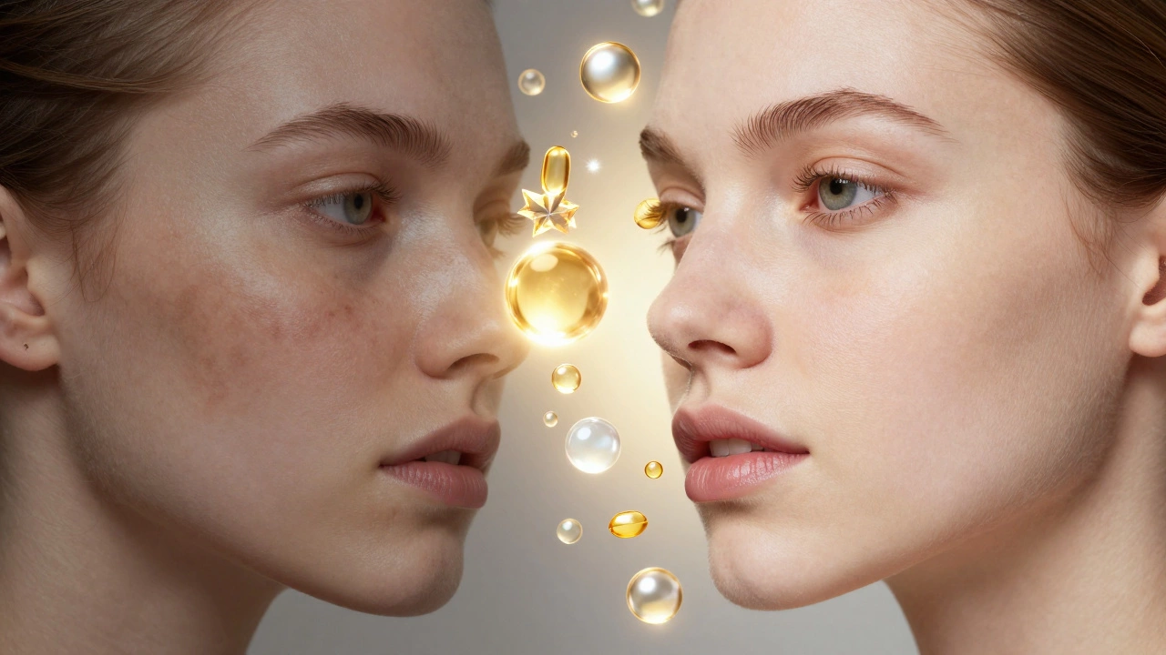 Conceptual image showing skin transforming from dull and pigmented to radiant and smooth