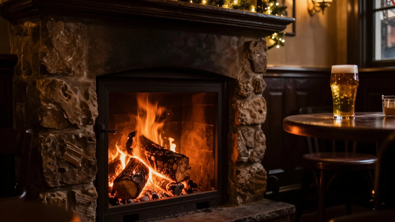 Cozy British pub interior with a roaring fireplace and festive lights in winter