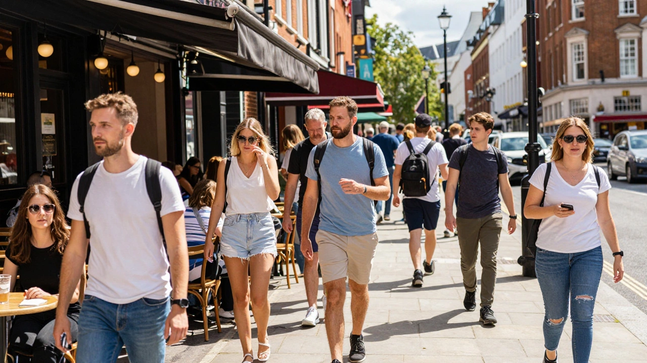 Crowded and sunny street scene with outdoor dining in London during summer