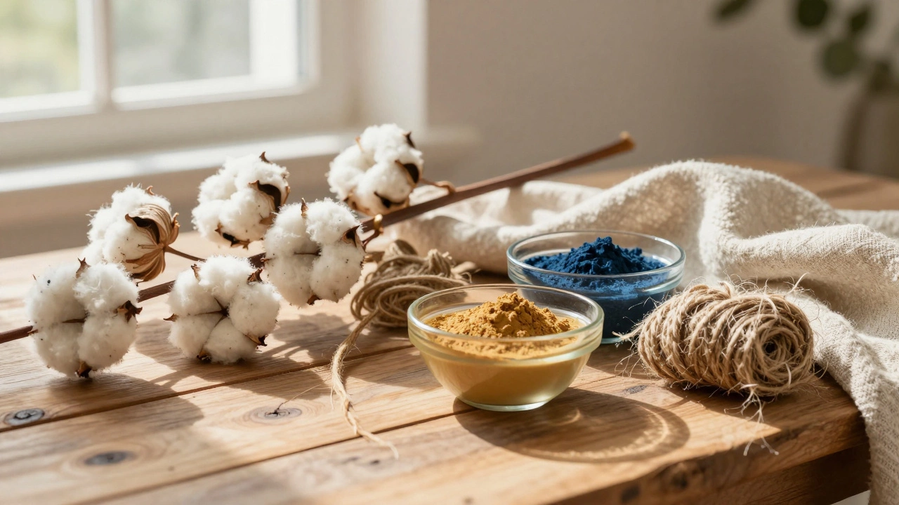 Natural raw organic cotton, flax, and hemp fibers with plant-based dyes