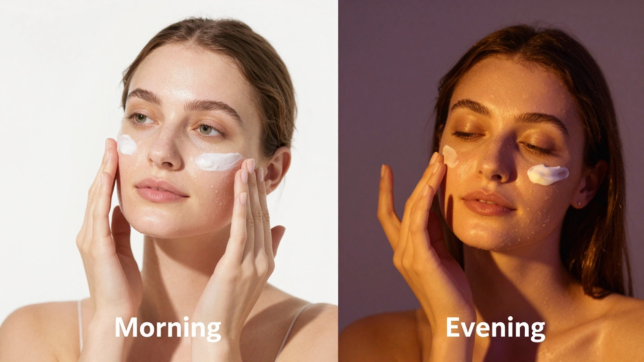 Split-screen showing a bright morning sunscreen routine and a cozy evening night cream routine.