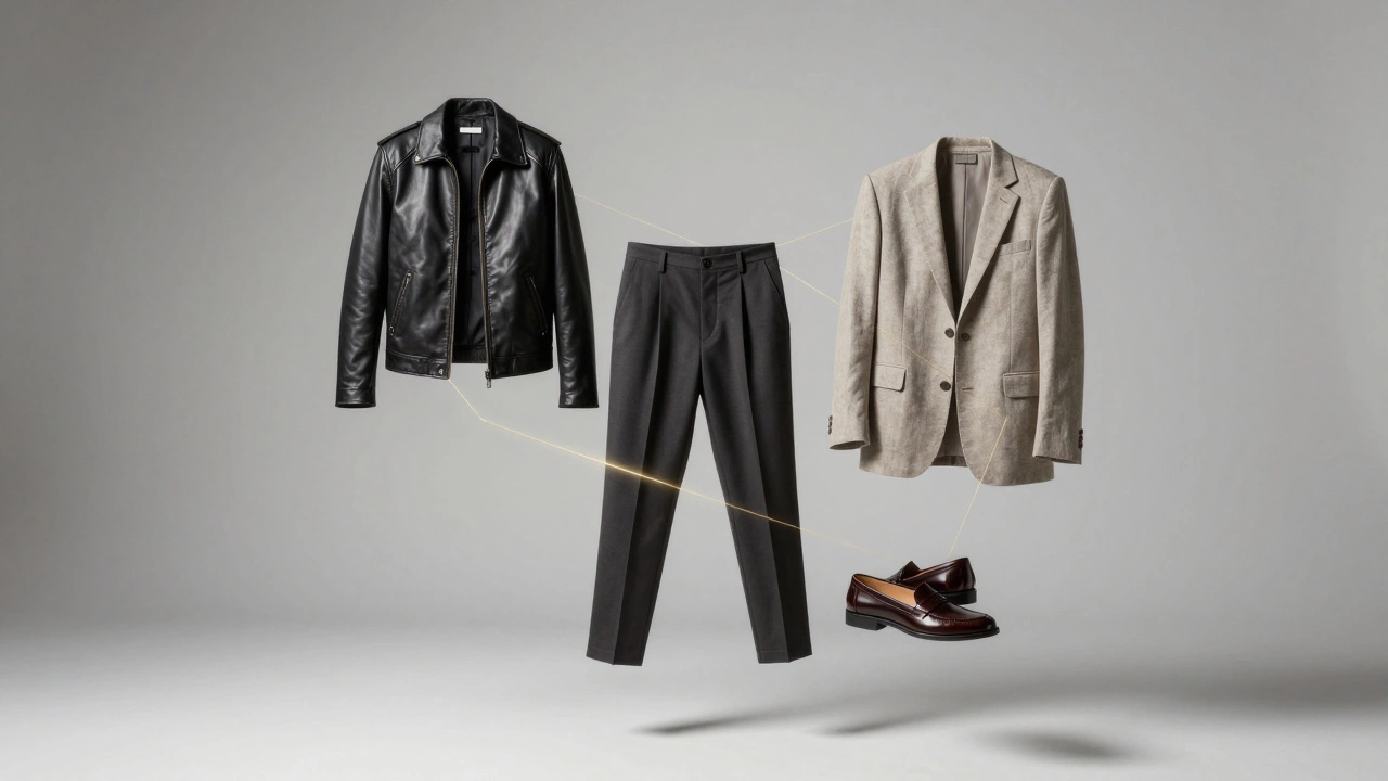 Various clothing items like a leather jacket and loafers connected by glowing golden threads.
