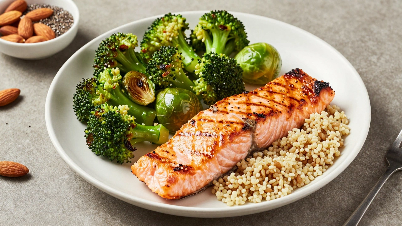 Balanced plate with salmon, quinoa, and roasted vegetables