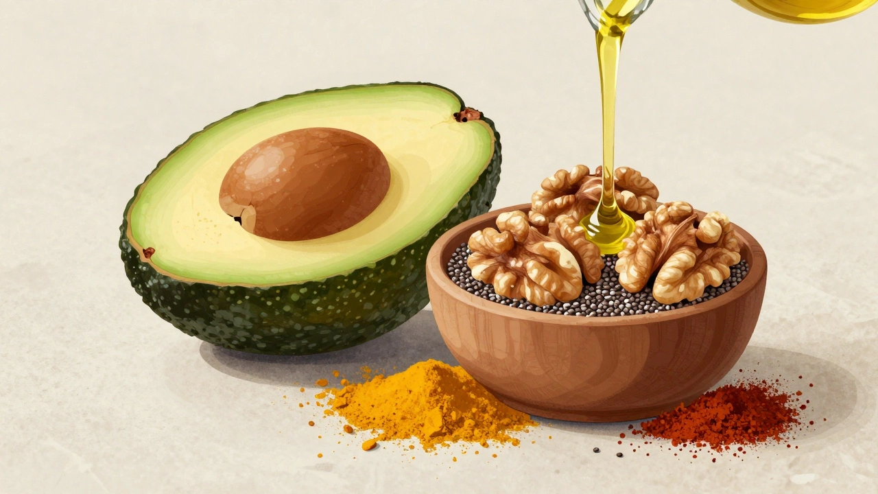 Close-up of avocados, nuts, olive oil, and colorful spices on a stone surface.