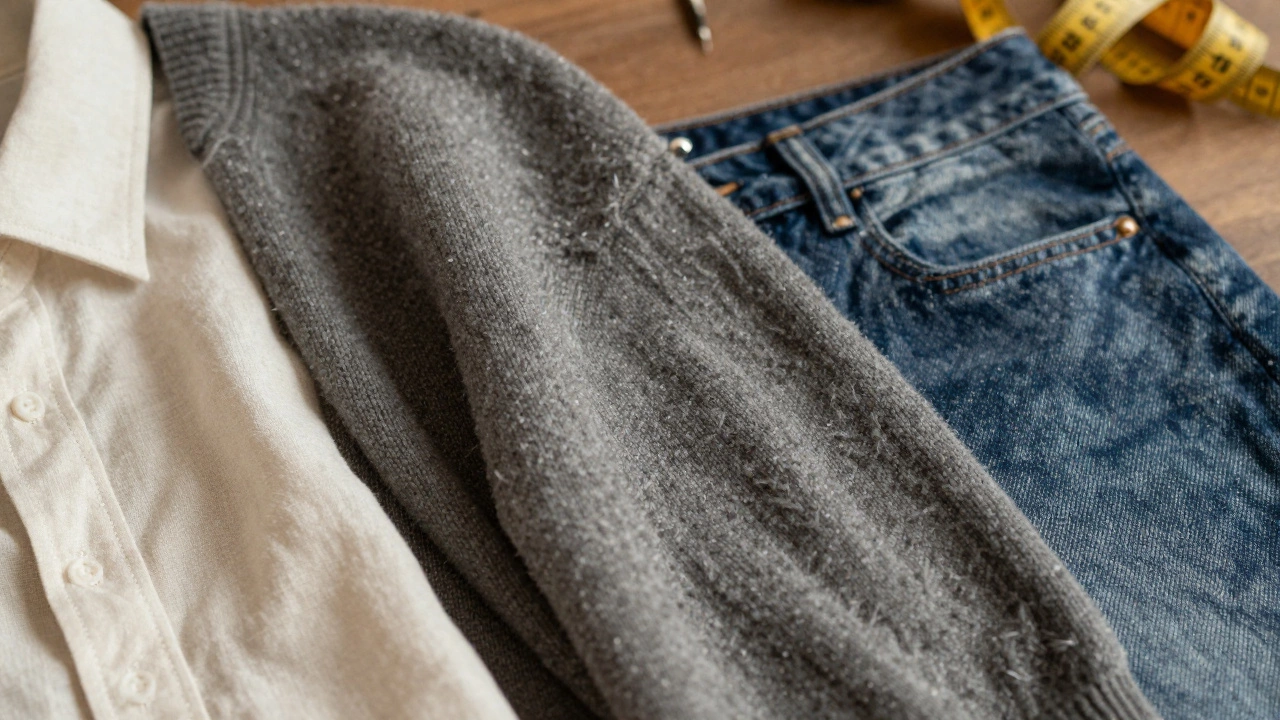 Close up of wool, linen, and denim fabrics