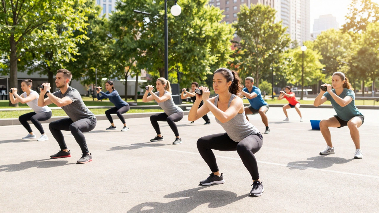 Diverse group exercising outdoors in a park during a sunny day