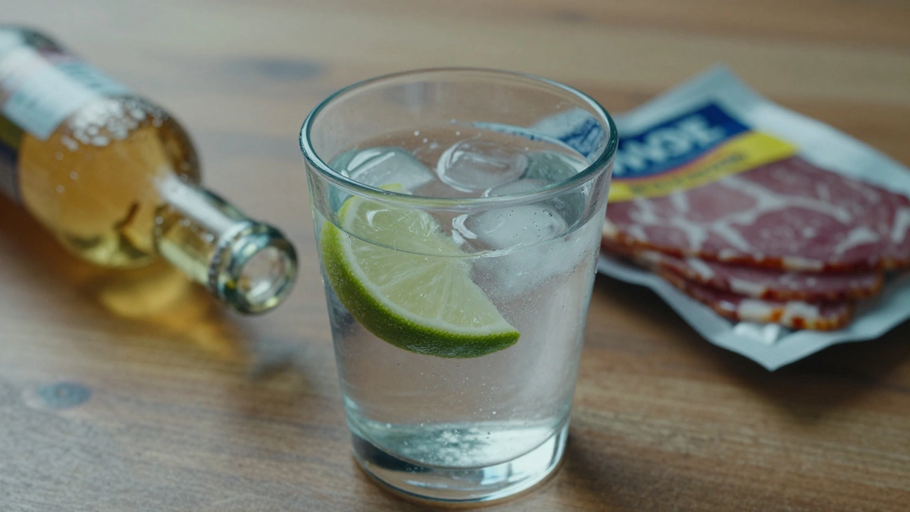 Glass of water replacing beer and processed meat on table