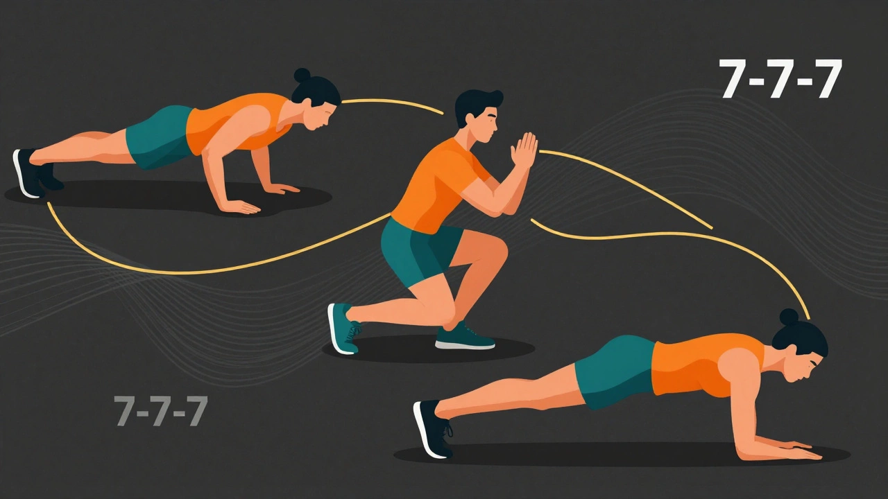 Graphic illustration of push-ups, squats, and planks connected by energy lines