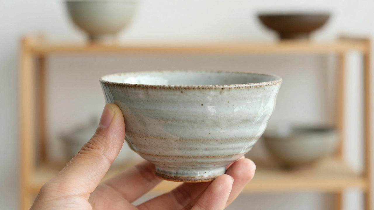 Hand holding imperfect rustic ceramic bowl highlighting wabi-sabi