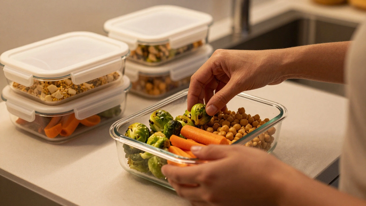 Hands assembling a nutritious meal bowl with roasted veggies and grains in a kitchen.