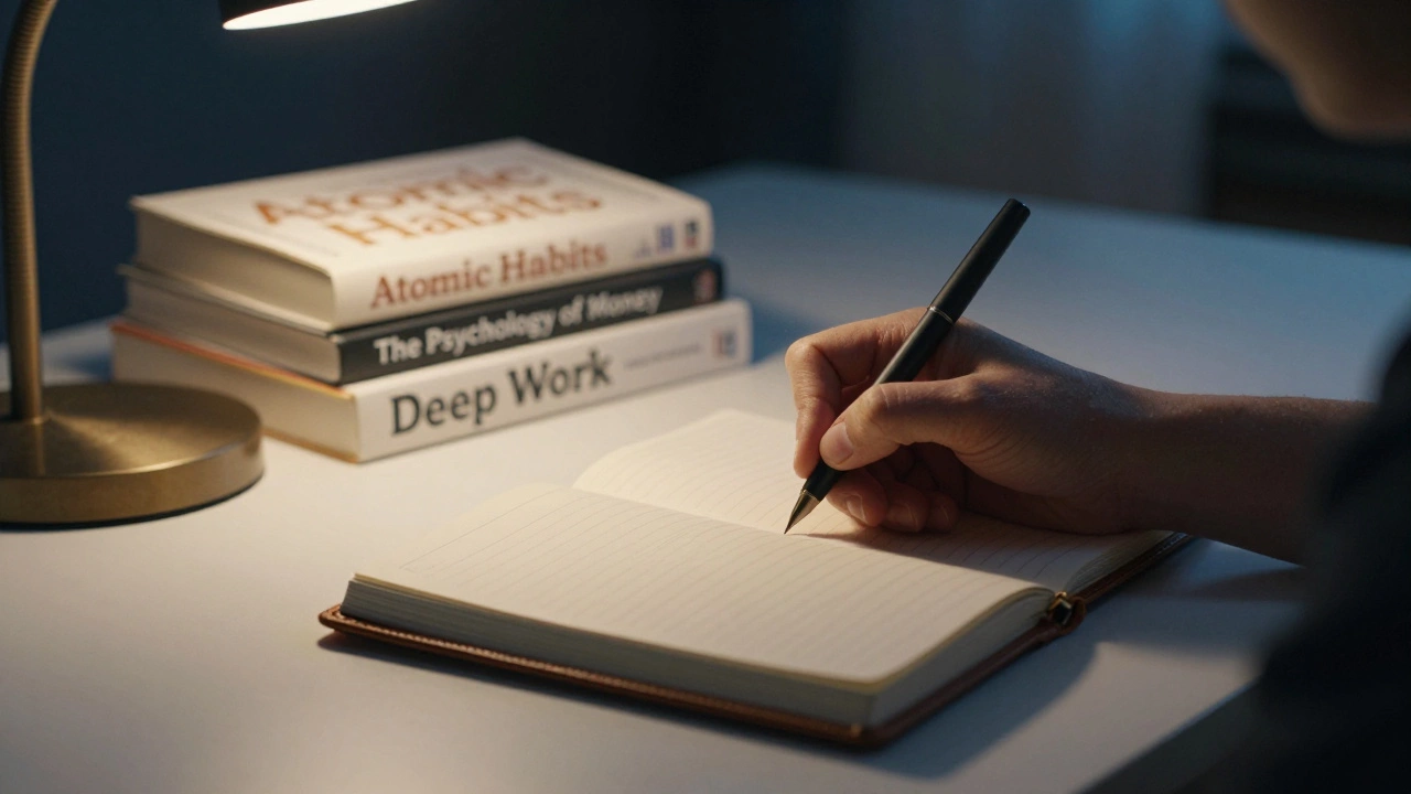 Hands journaling with self-help books in background