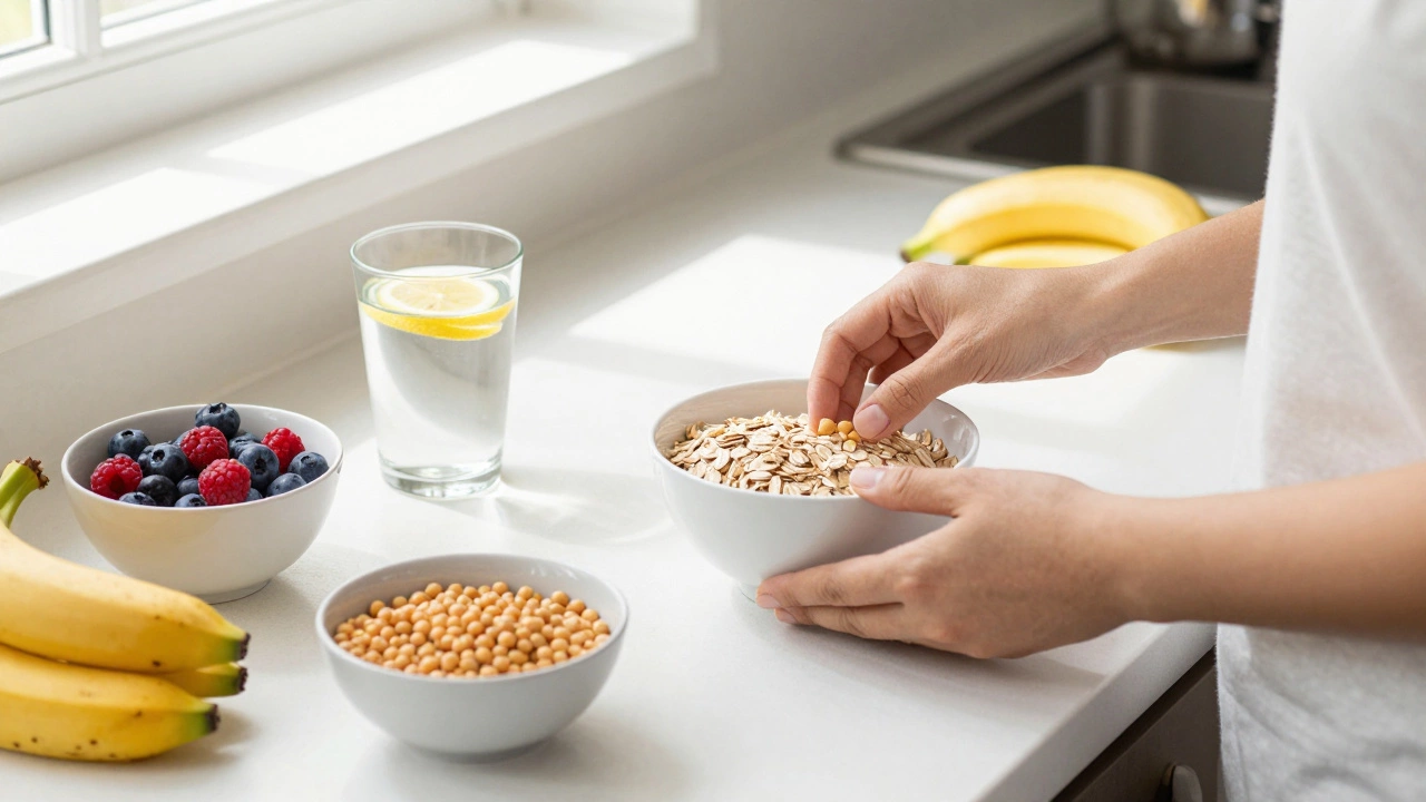 Healthy breakfast ingredients including oats and fruit