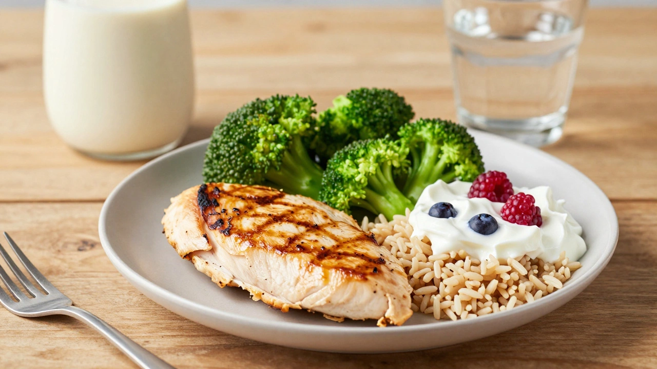 Healthy meal with chicken, vegetables, and yogurt for muscle growth.
