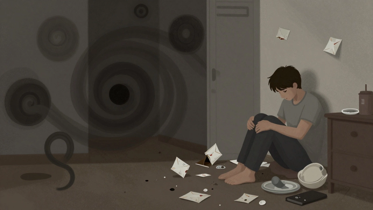Illustration of a person in a messy room showing signs of neglect