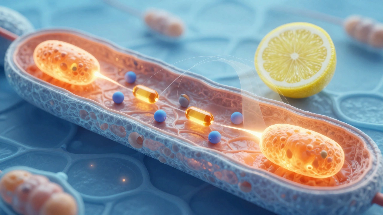 Illustration of mitochondria burning fat with vitamin C support