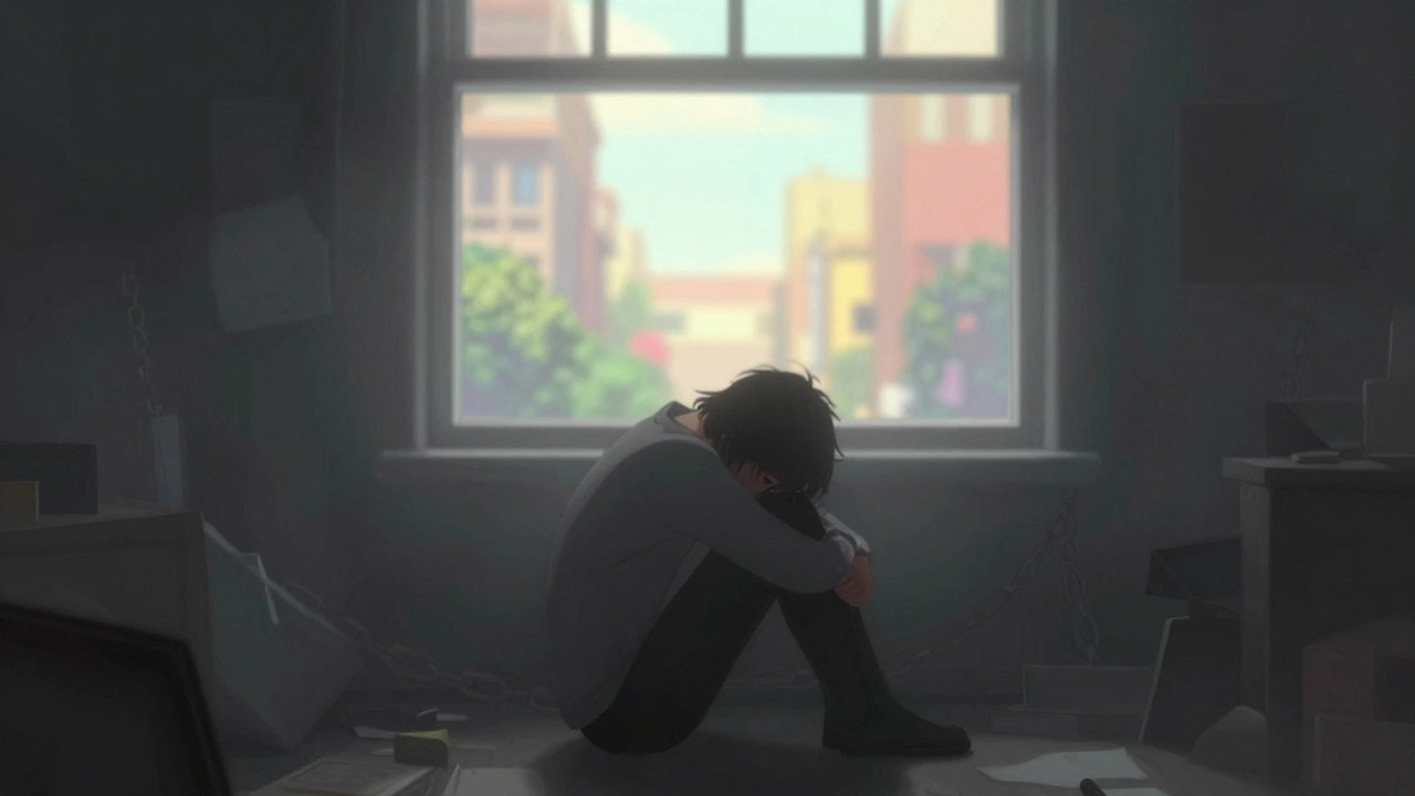 Lone figure isolated in a dark room, separated from a bright world outside
