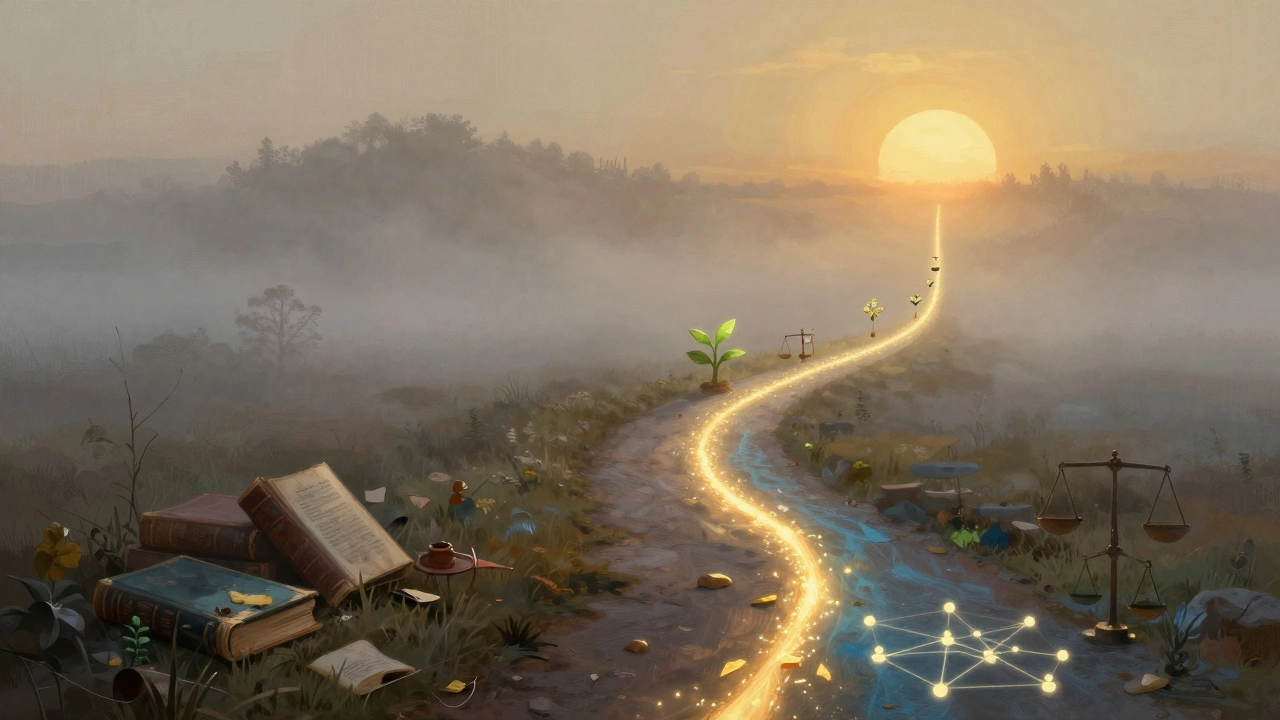 Path diverging from dusty books to a glowing sunrise
