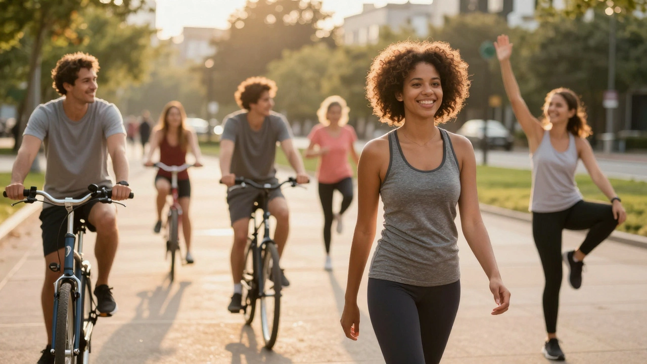 People enjoying various low-intensity cardio exercises in a park