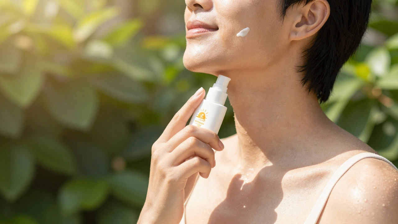Person applying sunscreen outdoors in bright natural sunlight