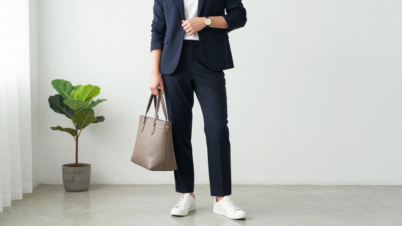 Person wearing versatile capsule wardrobe outfit