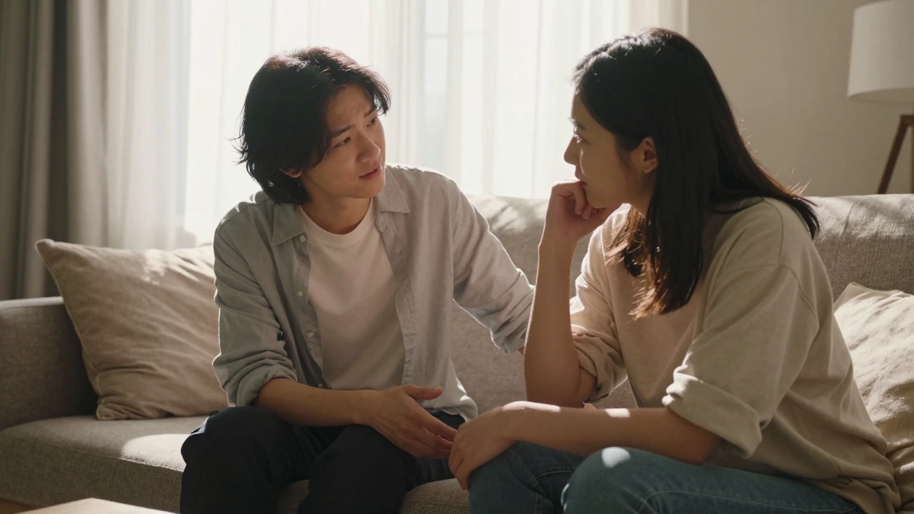 Two people having a compassionate conversation on a sunny sofa