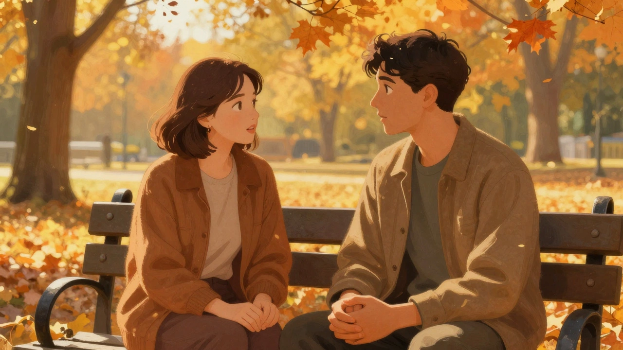Two people sharing compassionate conversation on park bench