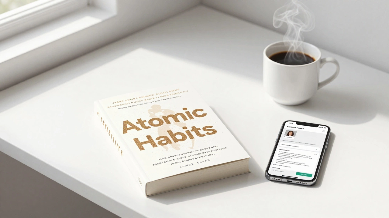 A minimalist desk setup with a bestselling self-help book, coffee, and a smartphone.