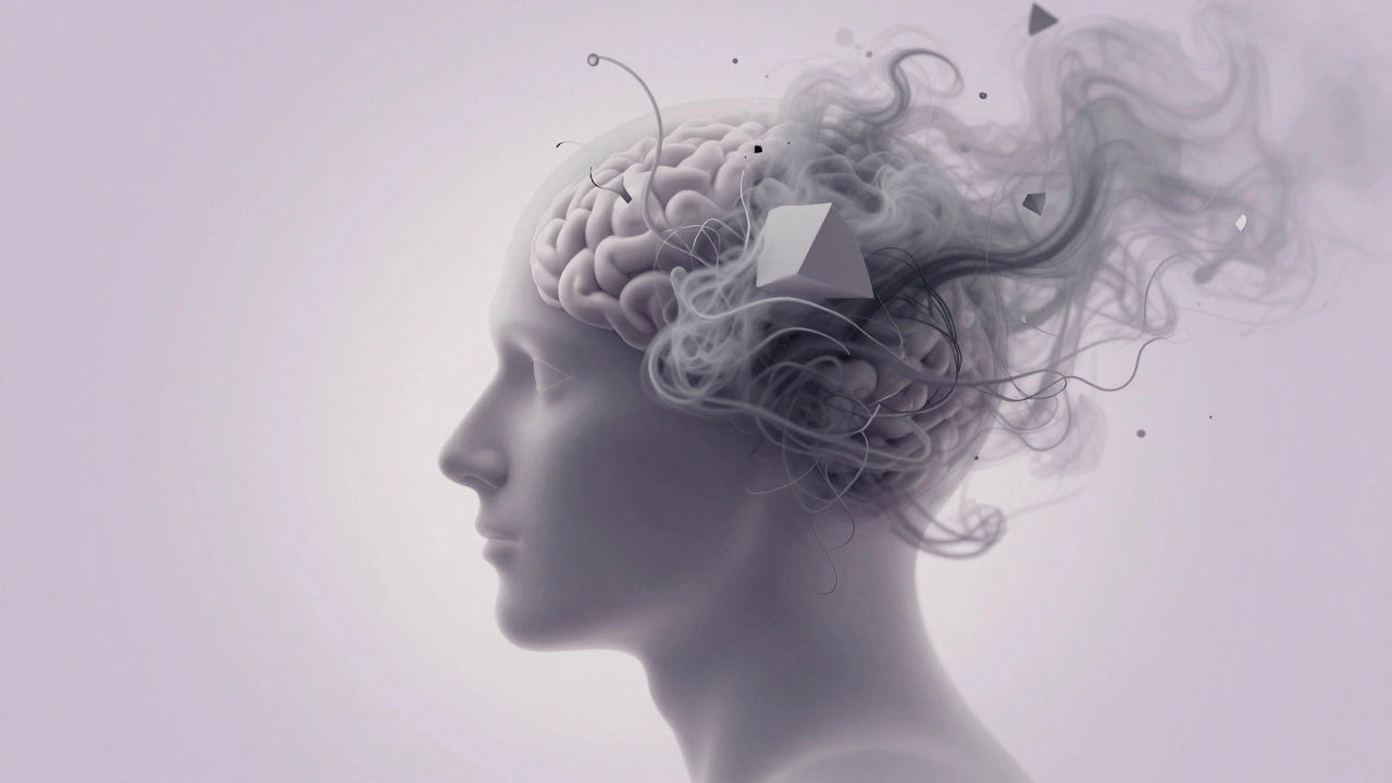 Abstract illustration of a mind filled with chaotic fog and thoughts