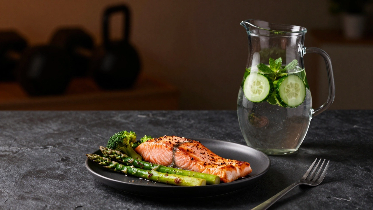 Baked salmon dinner with cucumber mint water pitcher