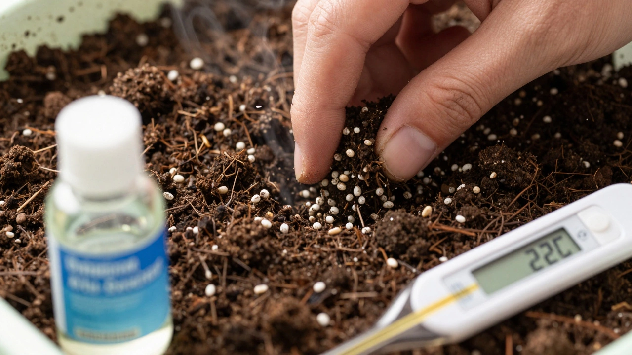 Close-up of aerated potting soil with fertilizer and thermometer nearby