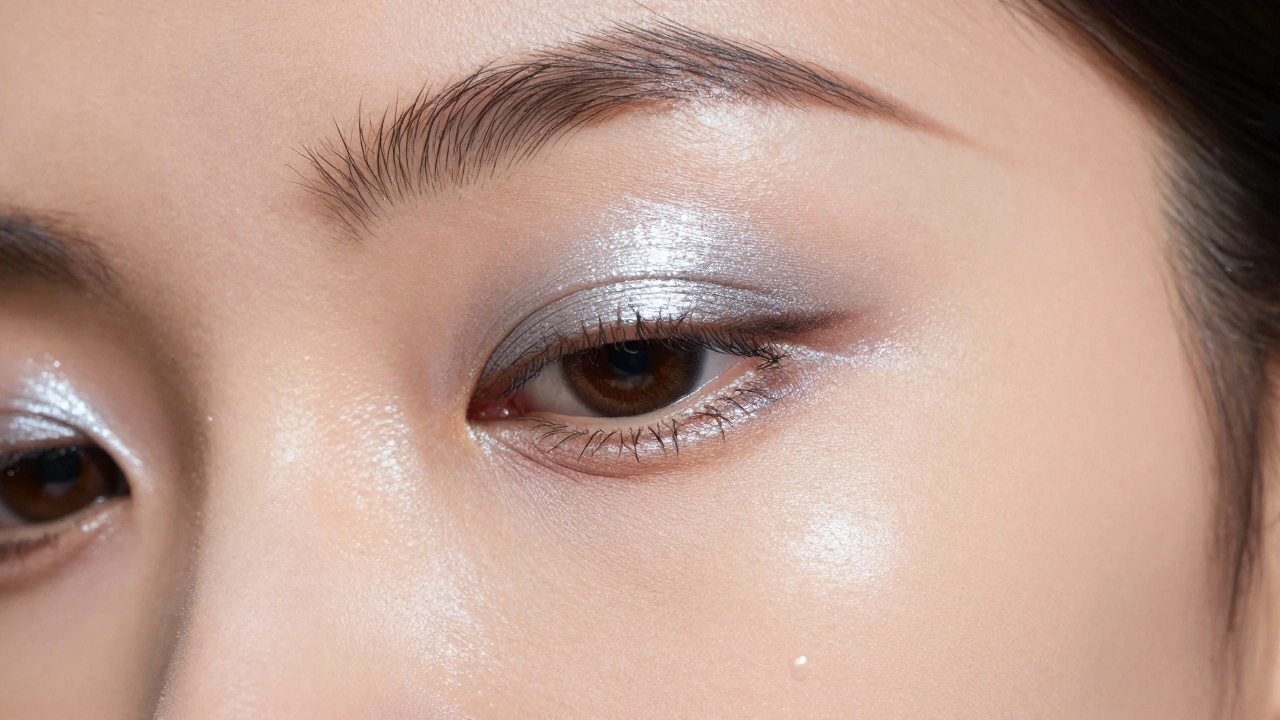 Close-up of chrome eyeshadow and liquid highlighter on skin