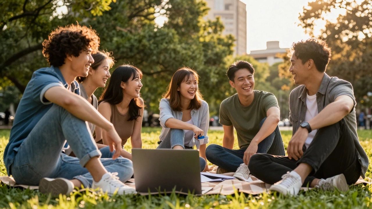 Friends laughing in sunny park with closed laptop nearby