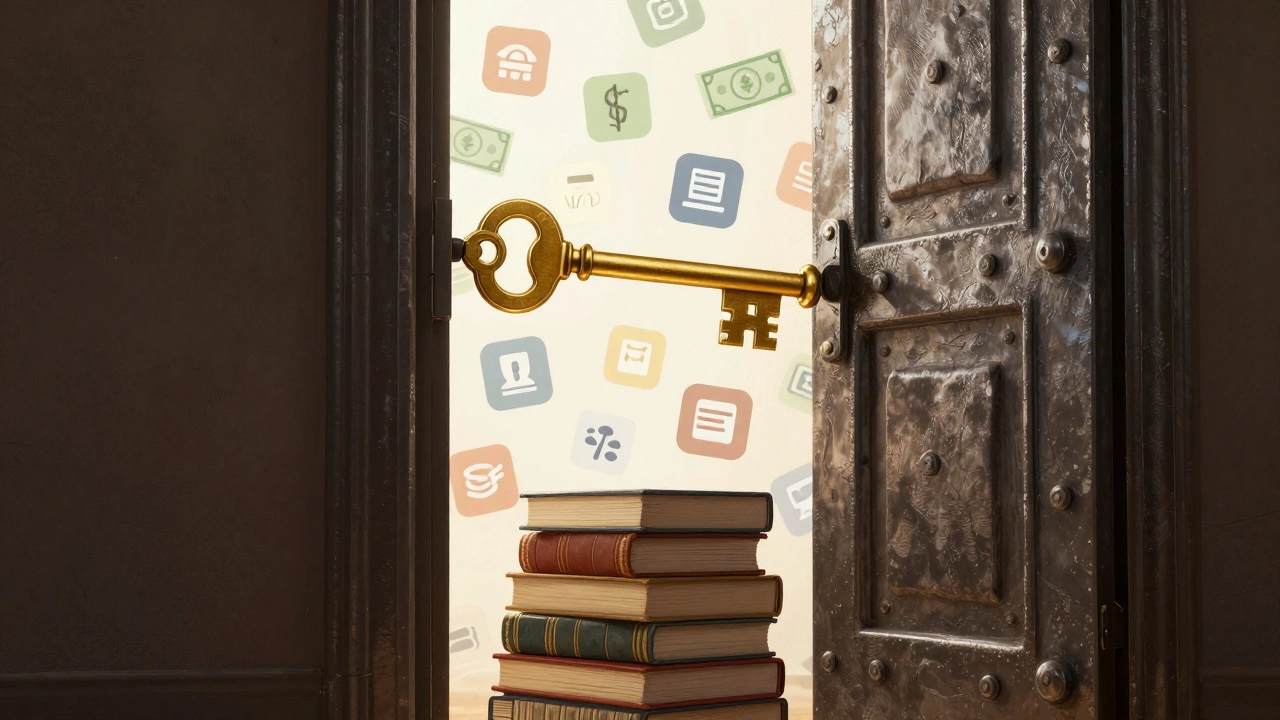 Golden key opening a door to a world of diverse business opportunities and digital assets.