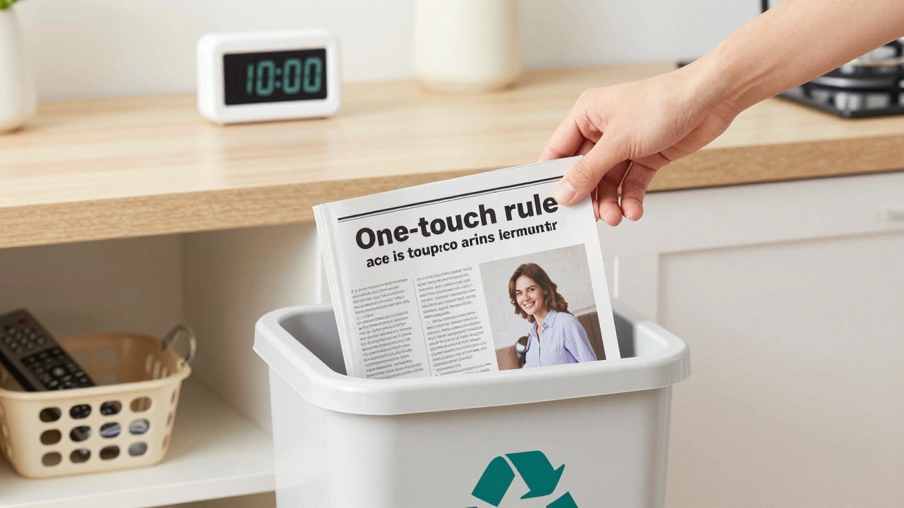 Hand recycling magazine, timer set to 10 minutes, tidy kitchen counter