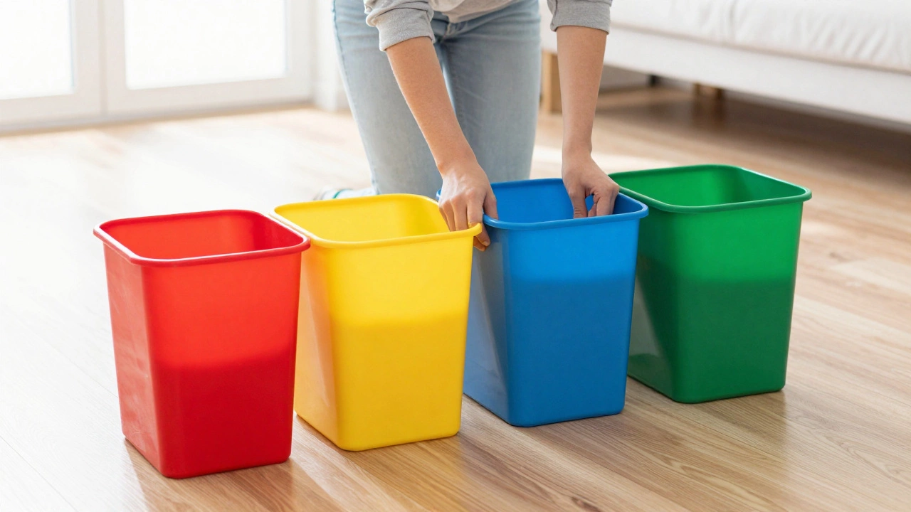 Hands sorting items into four labeled bins for trash, donate, relocate, keep