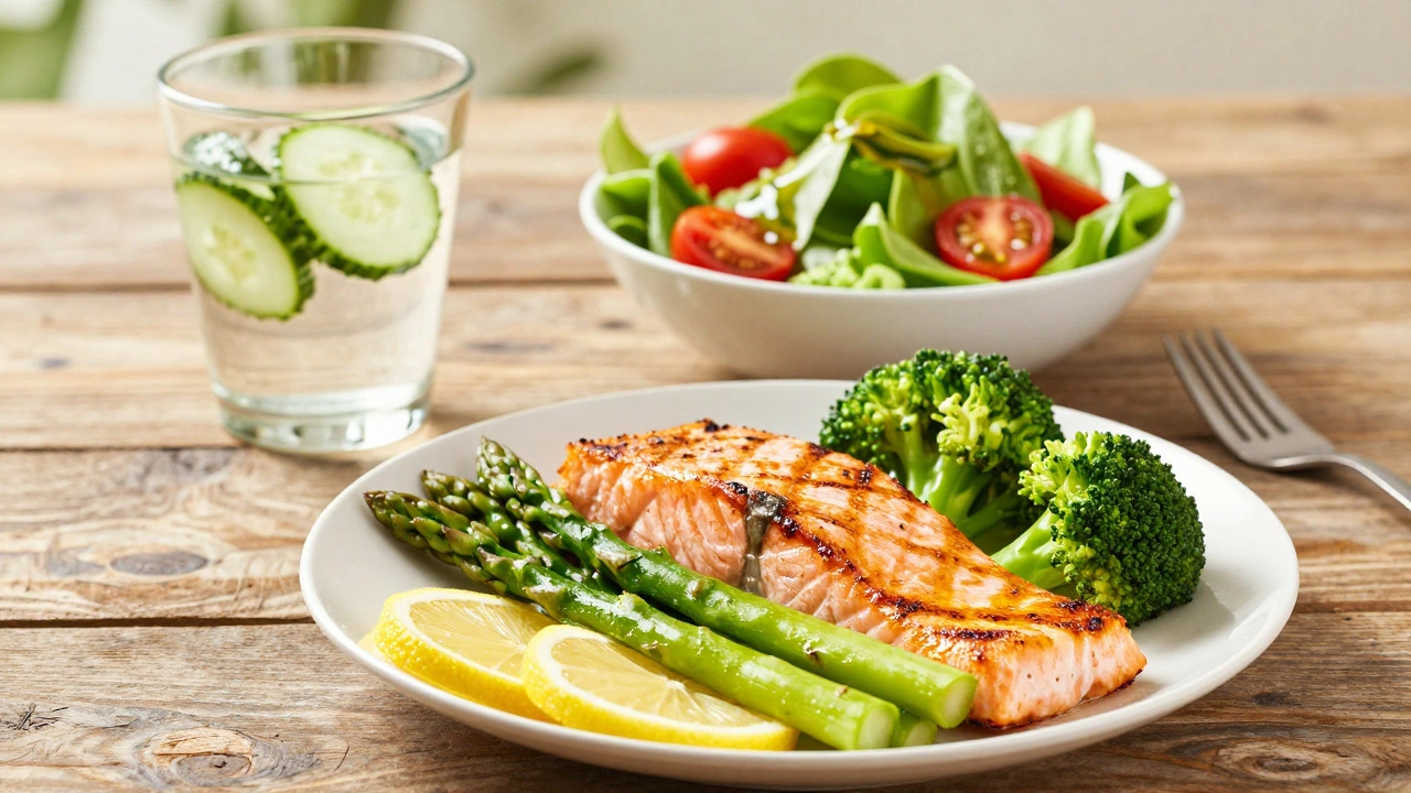 Healthy meal with grilled salmon, salad, and water on a wooden table
