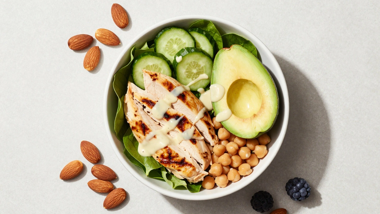 Healthy power bowl with chicken, avocado, and greens from above