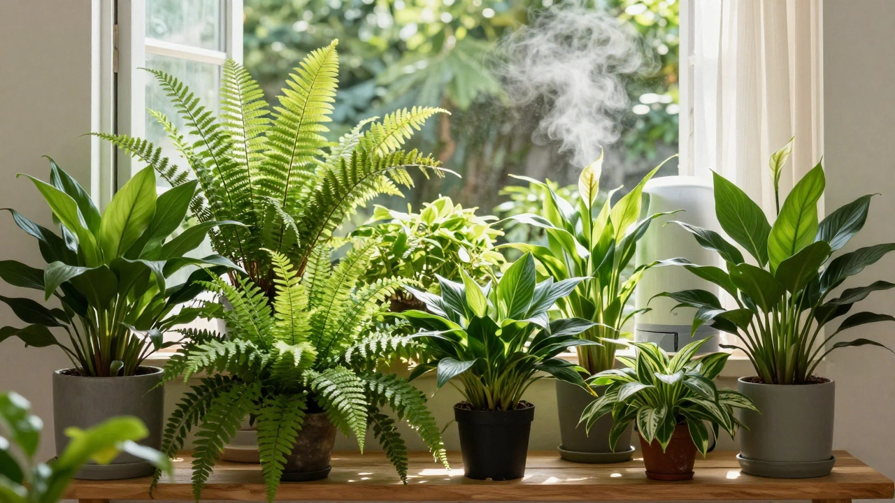 Lush tropical plants grouped together with mist and airflow