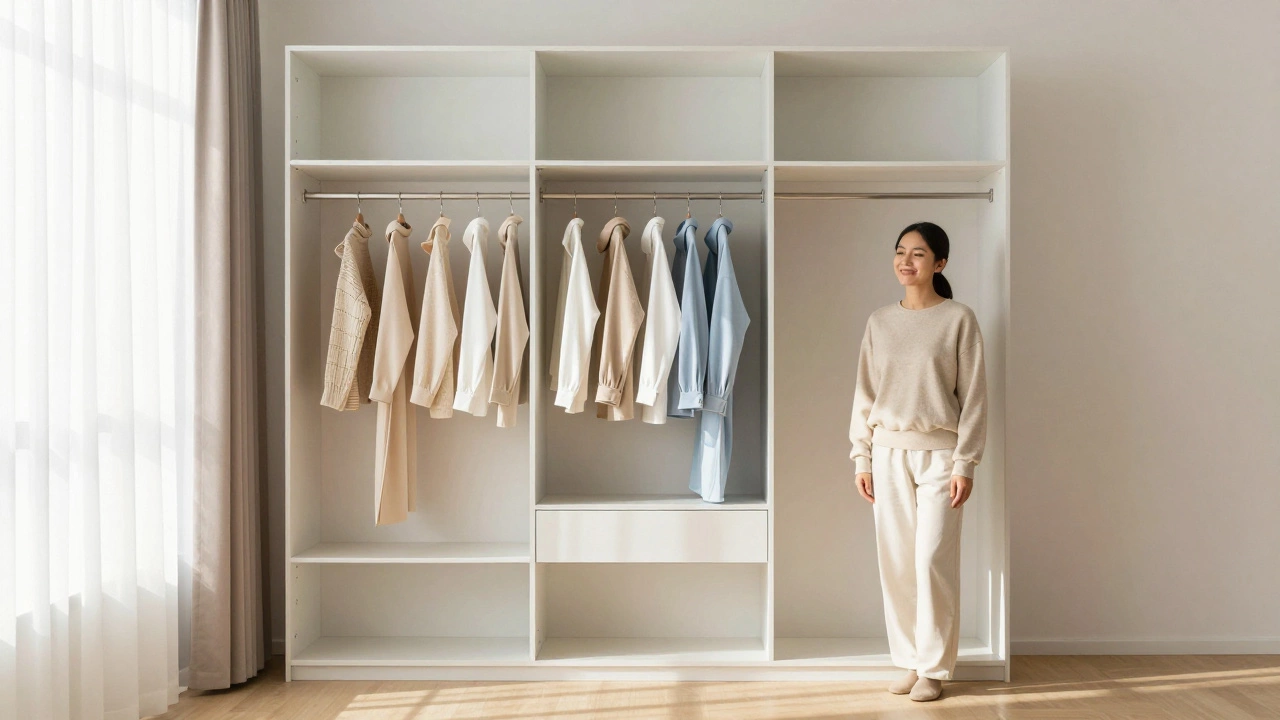 Minimalist wardrobe with neatly organized clothes