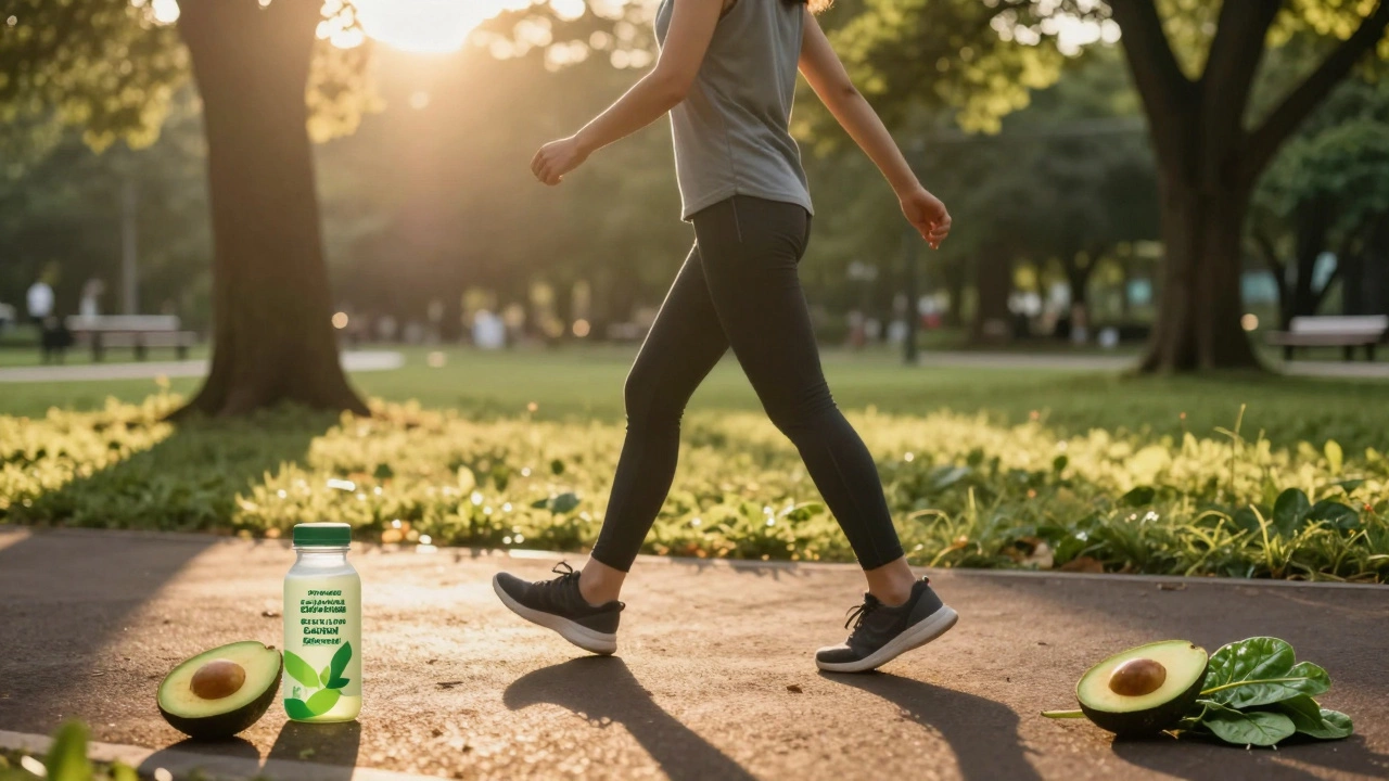 Person walking briskly in a park during golden hour for exercise