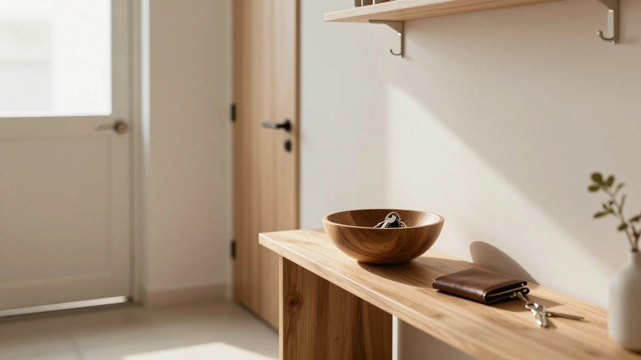 Simple entryway with key bowl and vertical storage, calm and organized
