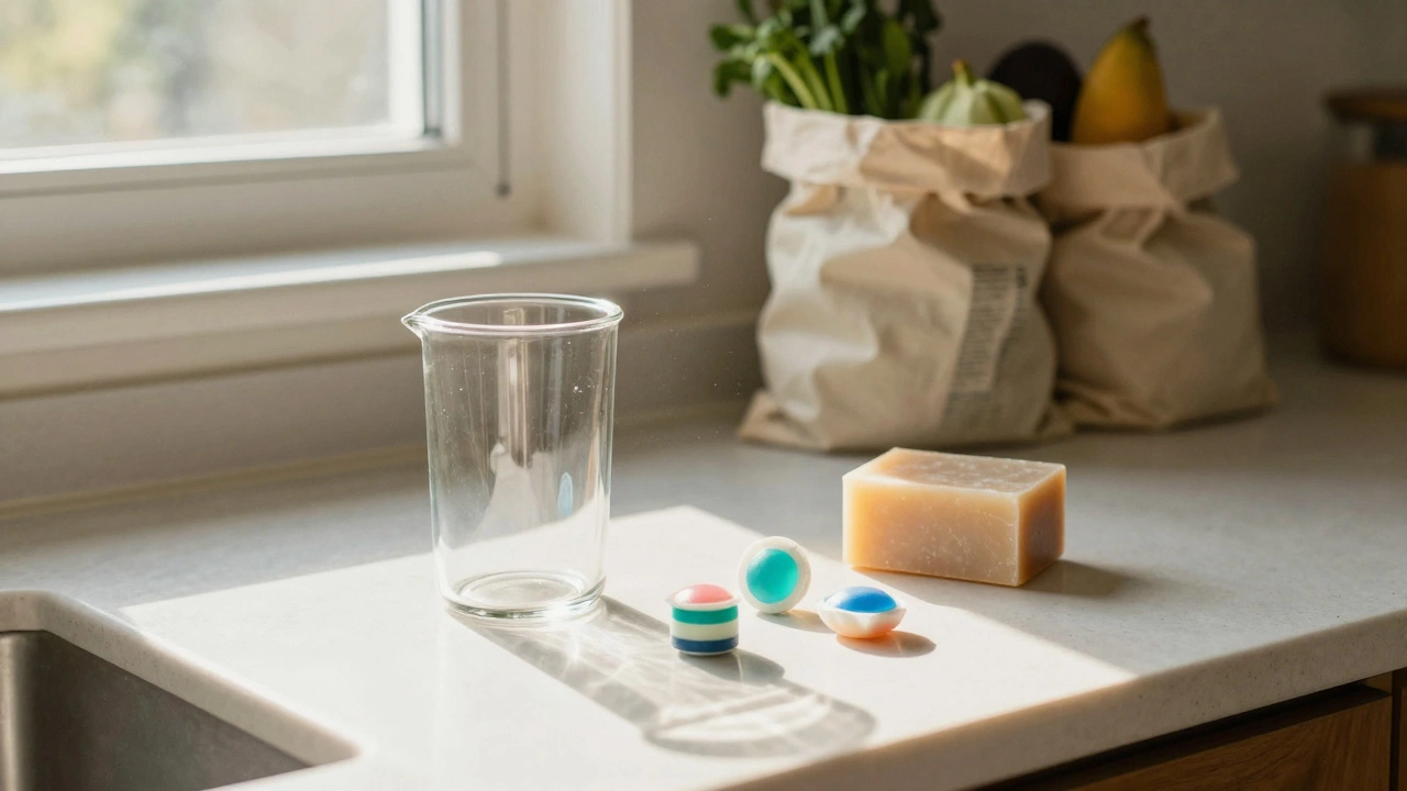 Sunlit kitchen counter with reusable dispensers and solid cleaning bars