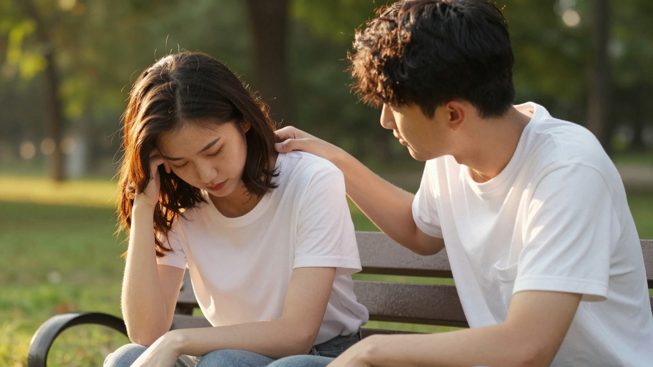 Two friends talking supportively on a park bench in sunlight