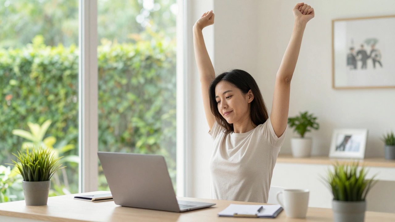 Woman closing laptop in sunny home office, transitioning to personal time