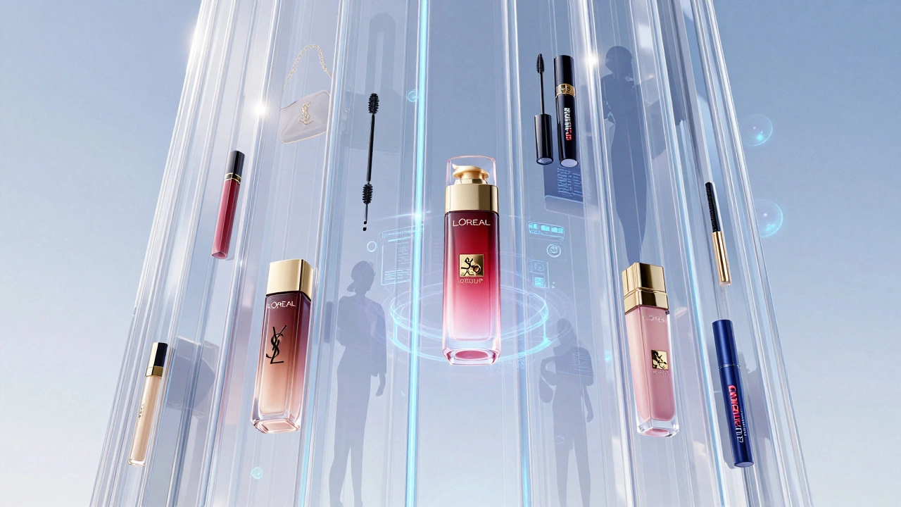 Abstract art showing liquid cosmetics forming a corporate tower with digital overlays