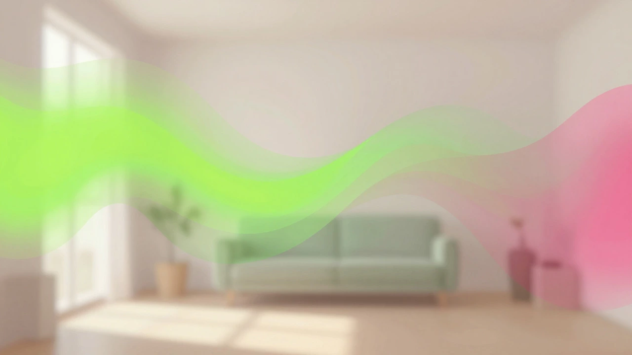 Abstract art showing transition from neon brights to muted sage and rose tones
