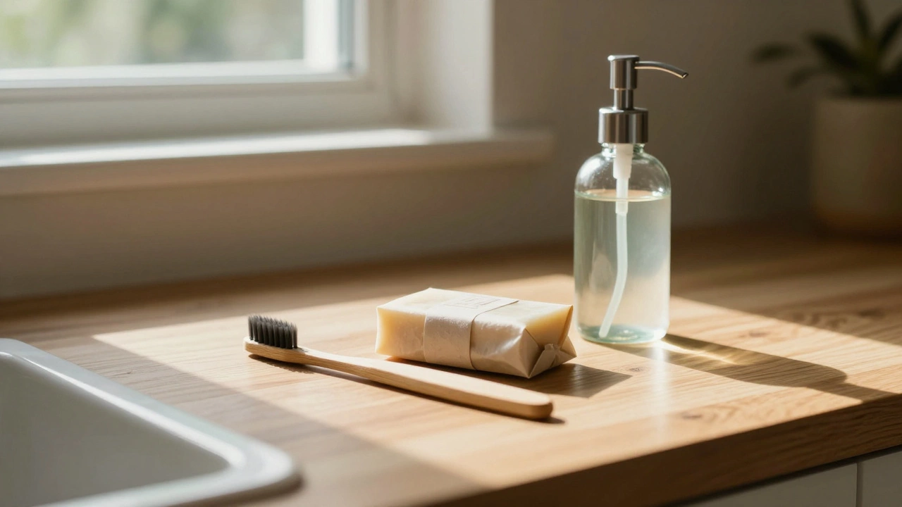 Bamboo toothbrush and shampoo bars on sunlit kitchen counter